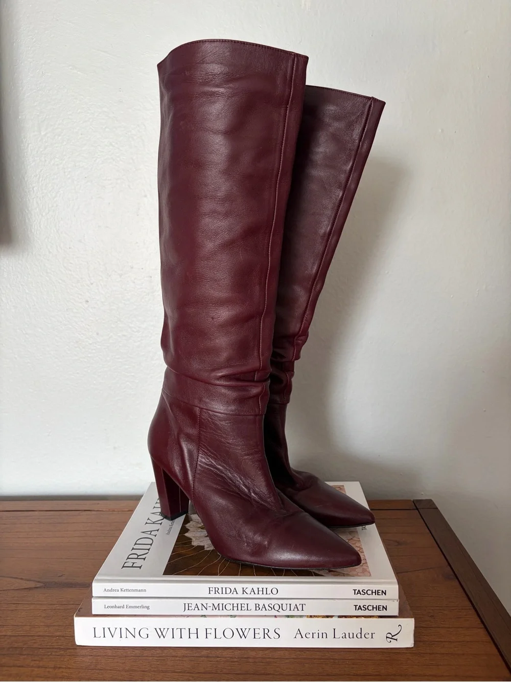 Zara Burgundy Leather Over-the-Knee Pointed-Toe Boots